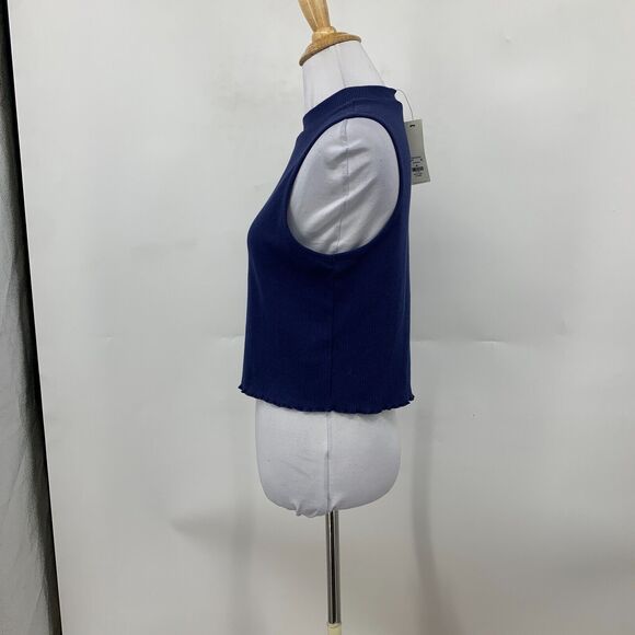 GB Fashion Francescas Tank Womens M Navy Ribbed Sleeveless Lettuce Hem Mock Neck - Picture 5 of 13